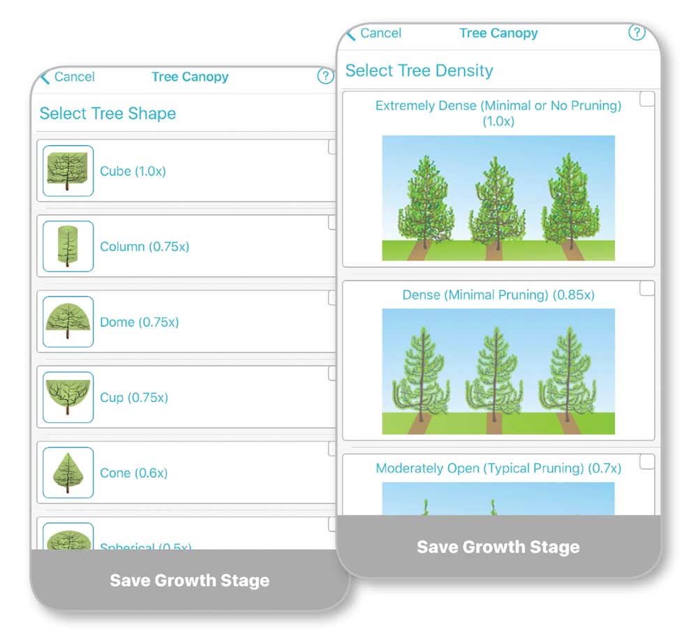The OrchardMax smartphone app uses grower-input information about the orchard and operation, such as  tree density and shape, and suggests an ideal spray volume right down to nozzle rates. These ideals will still require minor adjustments, as indicated by water-sensitive paper and ribbons. <b>(Courtesy OrchardMax)</b>