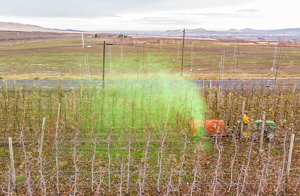 Green tracer dye blows into a dormant apple orchard near Benton City, Washington, while drift monitoring devices in the adjacent field gather data that will be used to validate a new model to better assess the drift risk from airblast sprayers in modern orchards. (TJ Mullinax/Good Fruit Grower)