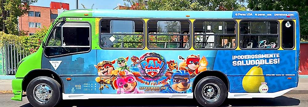 In Mexico, advertisements that mix pears and movie characters are common, thanks to a longstanding studio partnership that allows USA Pears to cross-promote without paying expensive license fees. This Paw Patrol-adorned bus says, “Powerfully healthy.” With an improving economy and easy access, Mexico has grown into an export market of choice for American tree fruit. (Courtesy Grupo PM)