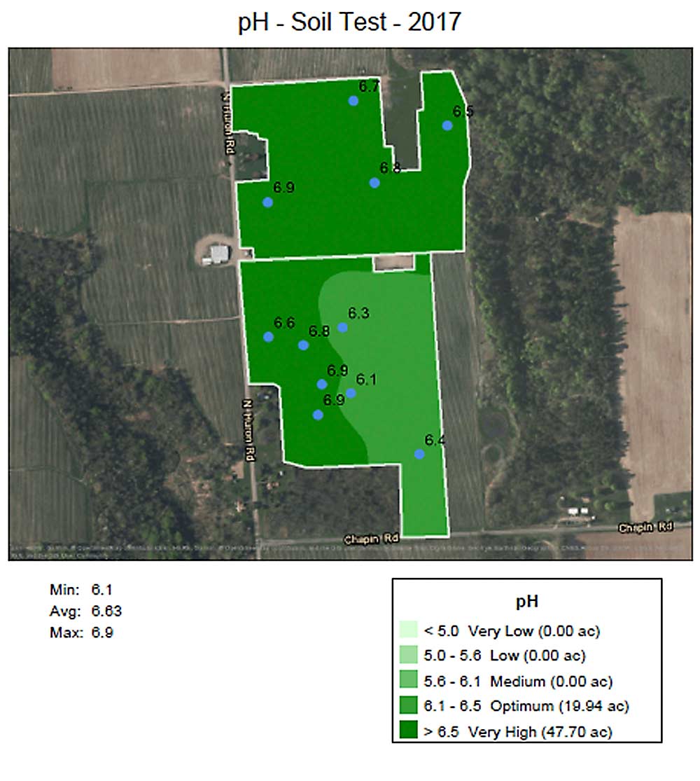 A recommendation map of a 30-acre Fowler Farms apple block calls for lime at wildly disparate rates. (Courtesy Helena Agri-Enterprises)
