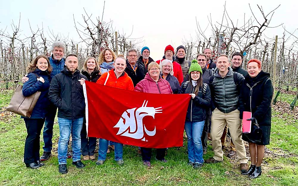 A delegation led by the Washington Tree Fruit Research Commission visits the Wageningen Research Center, Proeftuin Randwijk orchard on February 6, 2019, in Wageningen, Netherlands. (Courtesy Washington Tree Fruit Research Commission)