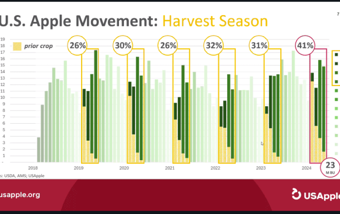 There’s an overlap of the prior year’s apples every harvest season, but this fall, the volume of 2023 apples was larger than usual, said Chris Gerlach, vice president of insights and analytics for the U.S. Apple Association, in a webinar on Dec. 19. That will set up a similar “long tail” for the 2024–25 season as well. (Courtesy U.S. Apple Association)