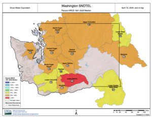 This map of snowpack across Washington as of April 16 shows the snow water equivalent falling far below normal. This led the state’s Department of Ecology to issue a drought emergency on April 16. (Courtesy USDA Natural Resources Conservation Service)