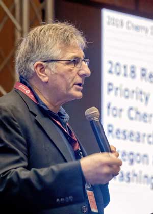 Mike Willett, manager of the Washington Tree Fruit Research Commission, talks about the need for a cherry research survey of growers in Washington and Oregon during the annual Cherry Institute in Yakima, Washington in January. (TJ Mullinax/Good Fruit Grower)
