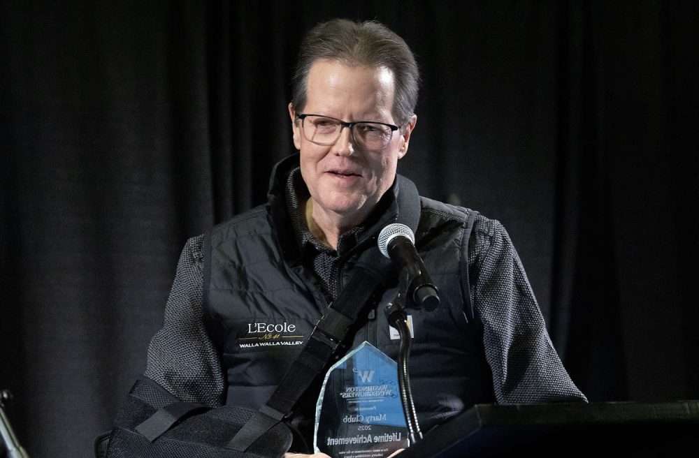 Marty Clubb receives the Lifetime Achievement Award during the Washington Wine Industry Foundation awards banquet held at the 2026 WineVit convention and trade show in Kennewick on Feb. 10. (TJ Mullinax/Good Fruit Grower)