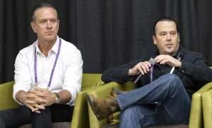 Washington wine company owners Drew Bledsoe and Court Wyckoff, at right, discuss the future of the state’s industry in mid-February at the annual WineVit conference and trade show in Kennewick. (TJ/Mullinax/Good Fruit Grower)