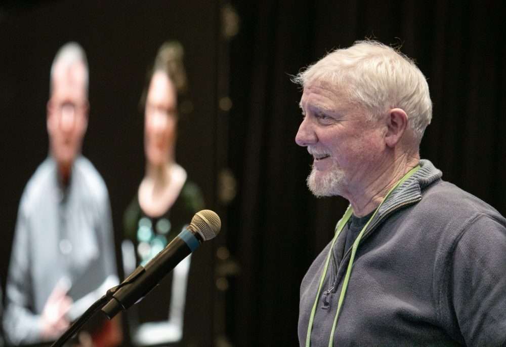 Kevin Corliss, recently retired from a 40-year career with Ste. Michelle Wine Estates, where he most recently served as vice president of vineyards, accepts the Lifetime Achievement Award at the 2025 Washington Winegrowers Association’s WineVit Convention and Trade Show in Kennewick, Washington, on Feb. 10. (TJ Mullinax/Good Fruit Grower)