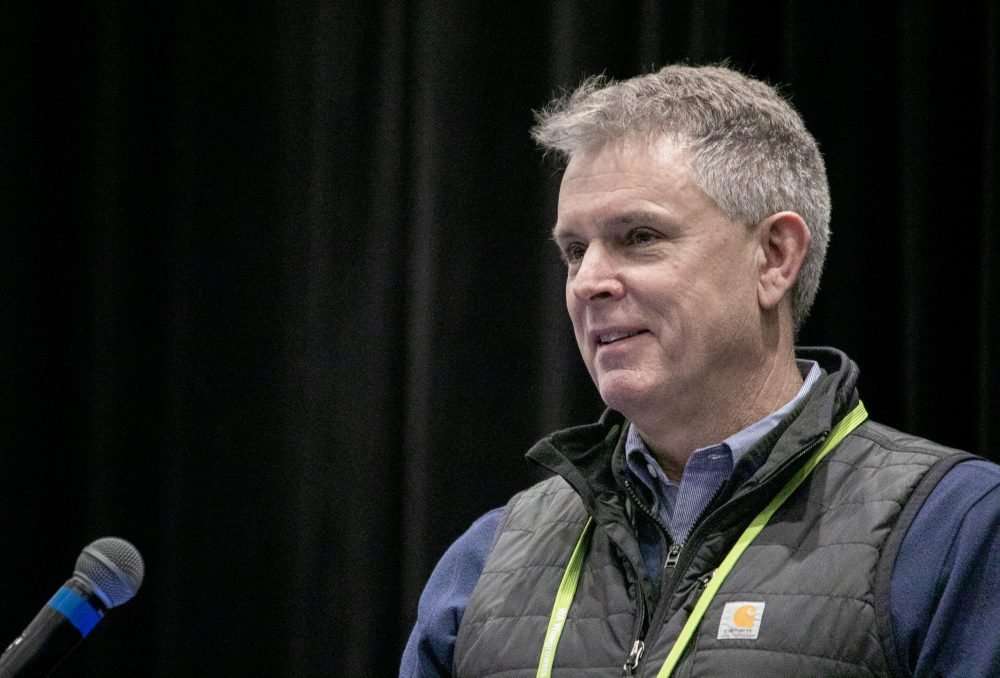Dave Copeland, operations director for Four Feathers, accepts the Industry Service Award at the 2025 Washington Winegrowers Association’s WineVit Convention and Trade Show in Kennewick, Washington, on Feb. 10. (TJ Mullinax/Good Fruit Grower)