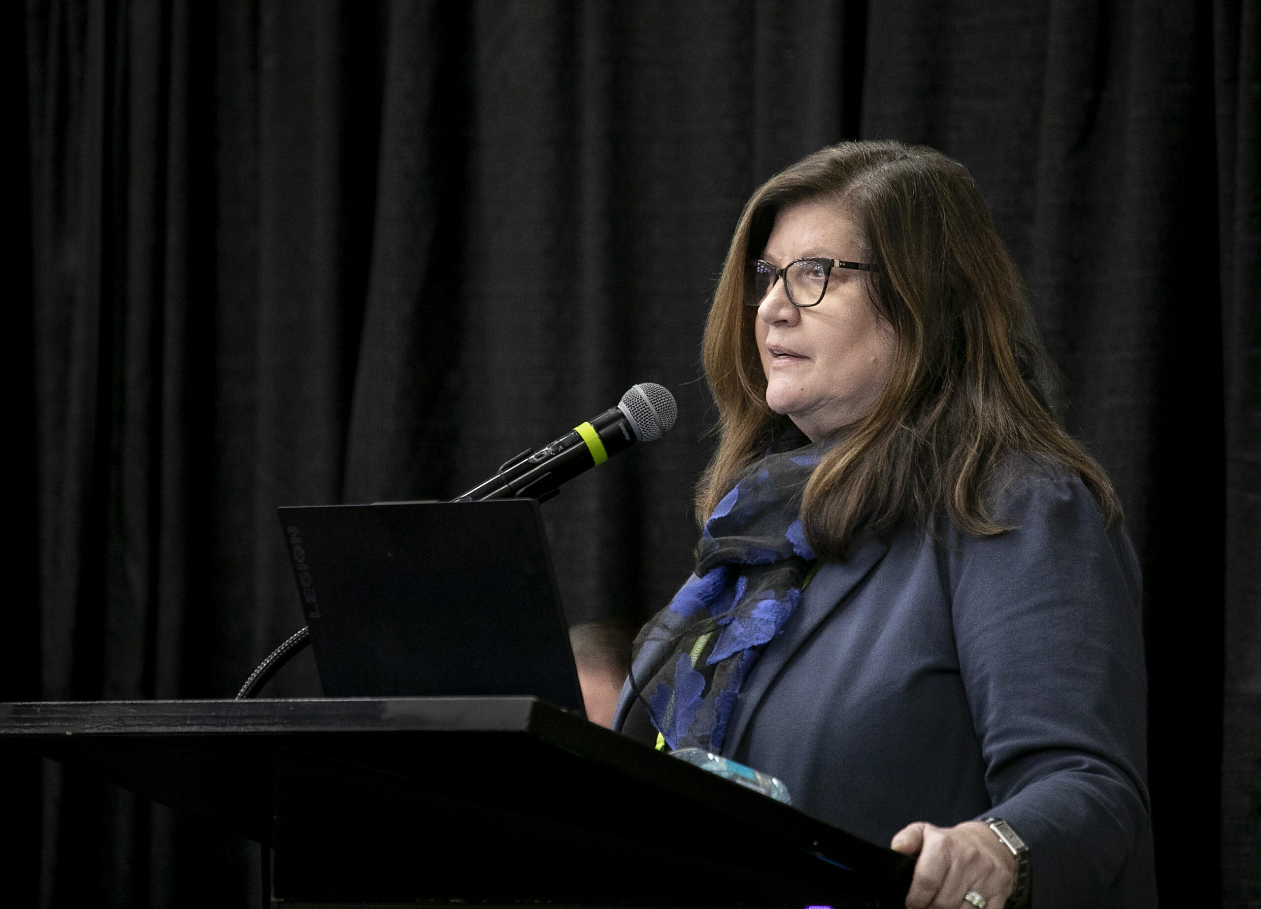 Kristina Kelley of the Washington State Wine Commission describes the state’s grape volume and acreage as “correcting” itself during the State of the Industry session of the annual WineVit conference on Feb. 11, at the Three Rivers Convention Center in Kennewick. (TJ Mullinax/Good Fruit Grower)